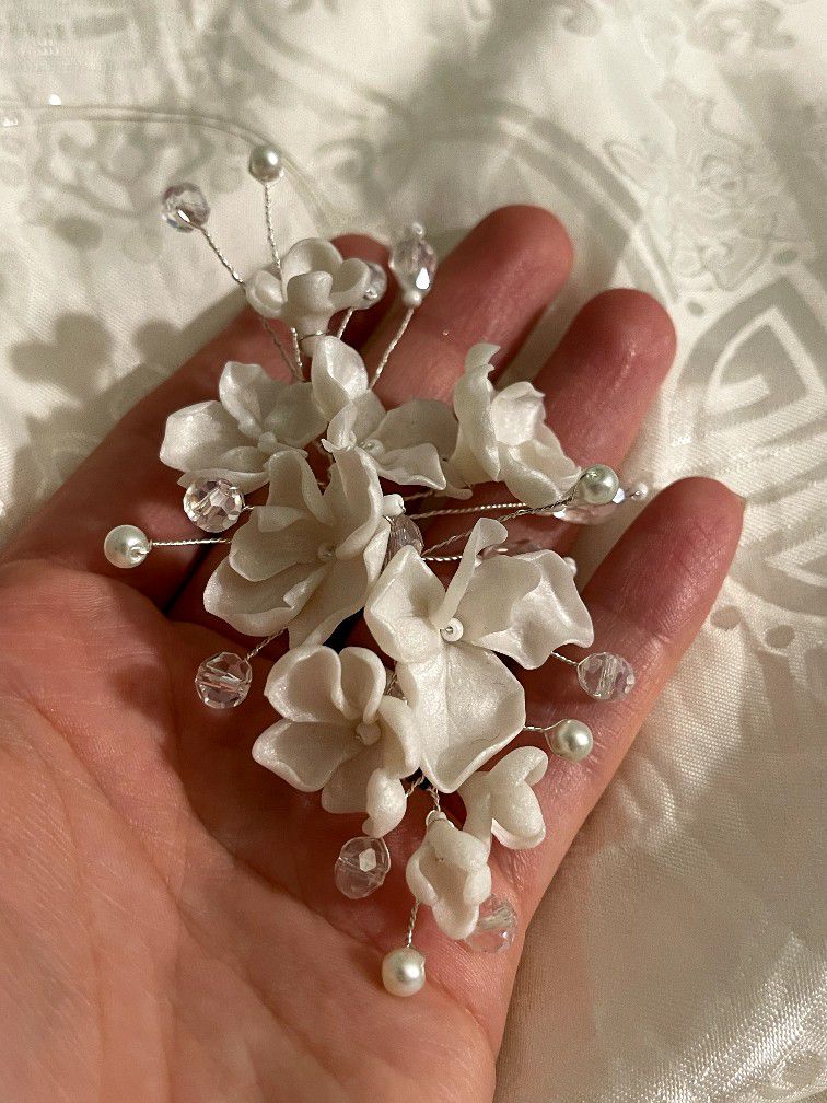 Bridal  Accessory Headpiece With Pearls And Flowers Handmade