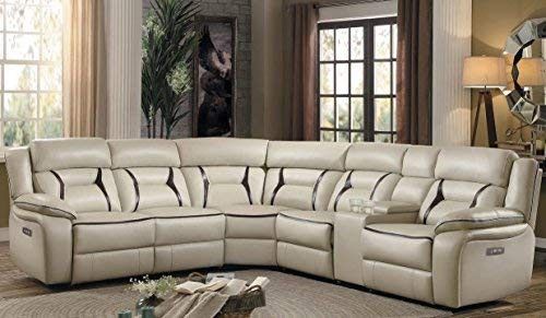 *MUST SELL BY 31OCT19* BID STARTS AT $750 6- soundbitePiece Power Reclining Sectional Sofa with Cup Holder Console Leather Gel Matched, Beige