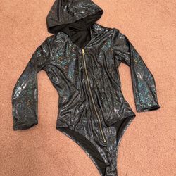 New Xl Black Metallic Hood Bodysuit One Piece Festival Rave Outfit Top Lingerie 