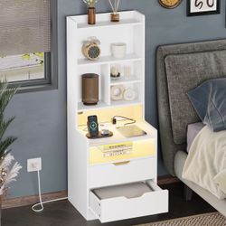 Tall Night Stand with Charging Station and LED Lights,White
