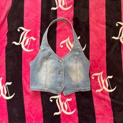 blue denim halter top with button-up front