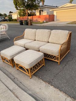 Bamboo couch sofa vintage tweed boho mid century