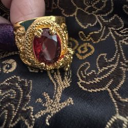 Brand New Men's SZ 10 Chunky Large Golden Dragon Faux Red Stone Asian Ring 