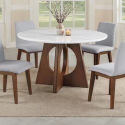 Brand New Walnut,  Grey & White 5pc Dining Table Set w Marble Top