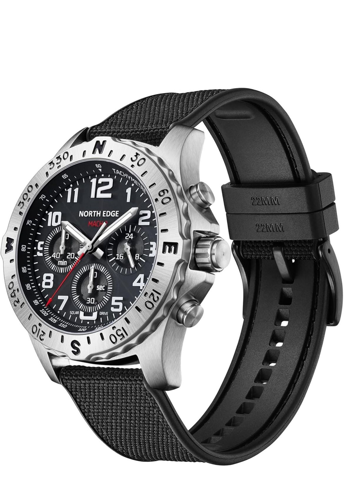 NORTH EDGE Men's Solar Watch - Men's Business Casual Quartz Mineral Glass Stainless Steel 3-Eye Chronograph Hands Outdoor, Model: MACH2