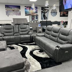 2PC Gray Sofa & Loveseat w/ Adjustable Headrest & Power Motion Recliners 