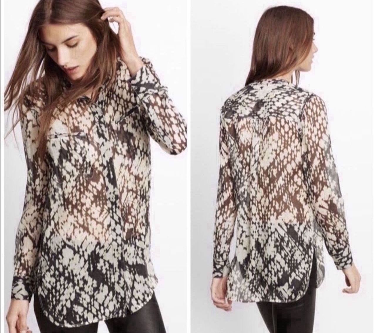 Vince Basketweave 100% Silk Button Down Abstract Printed Blouse Size 8