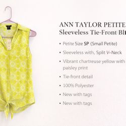 Ann Taylor Petite Sleeveless Blouse SP Yellow Tie Front Paisley NWT