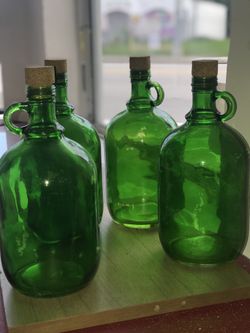 3 Green Heavy Glass Decor Bottles- $50