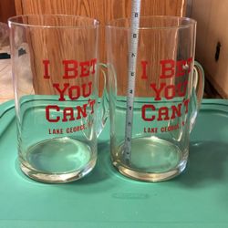 2 Vintage "I Bet You Can't" Huge Big Beer Glass Stein Mug. Lake George Souvenir