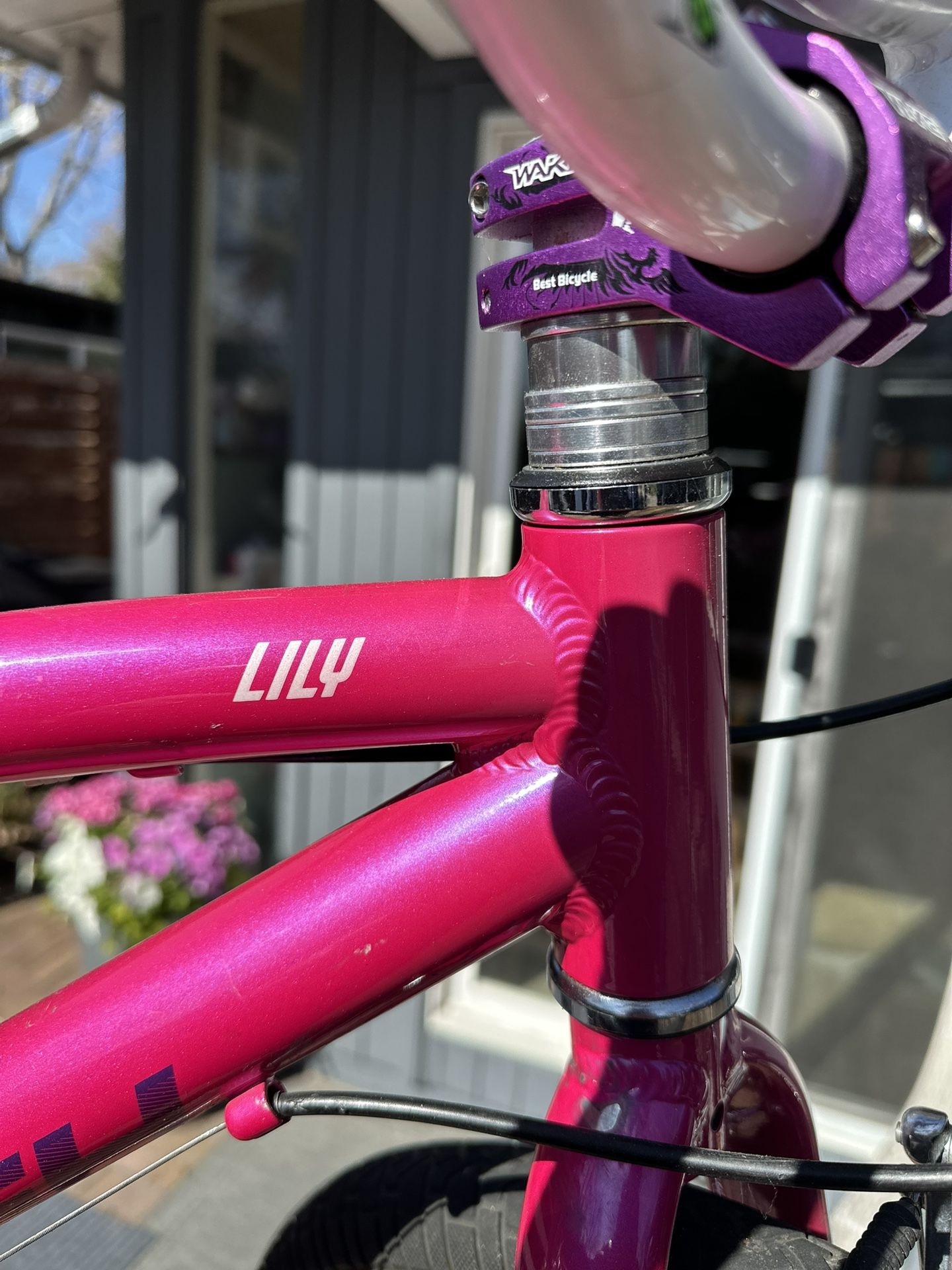 Raleigh Lily 20" 6 speed bicycle. Alloy Frame = Light. Used. Color is iridescent pink and purple.