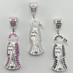Solid 925 Silver Santa Muerte Pendant CZ 