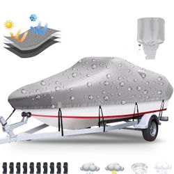Boat Cover, 17'-19' Heavy Duty 1200D Polyester Canvas Trailerable Boat Covers, UV Resistant Waterproof Bass Boat Covers with Motor Cover, Fits V-Hull 