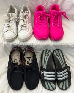 4 pair women’s shoes Diadora Skechers sneakers Hey Dude slip-ons adidas 8 8.5