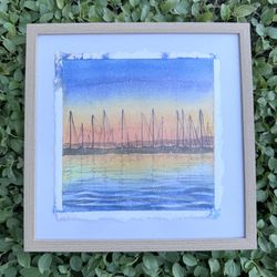 Sailboat Marina Sunset Watercolor - Original Framed Nautical Art - Harbor Scene with a Blue-Orange Sky 