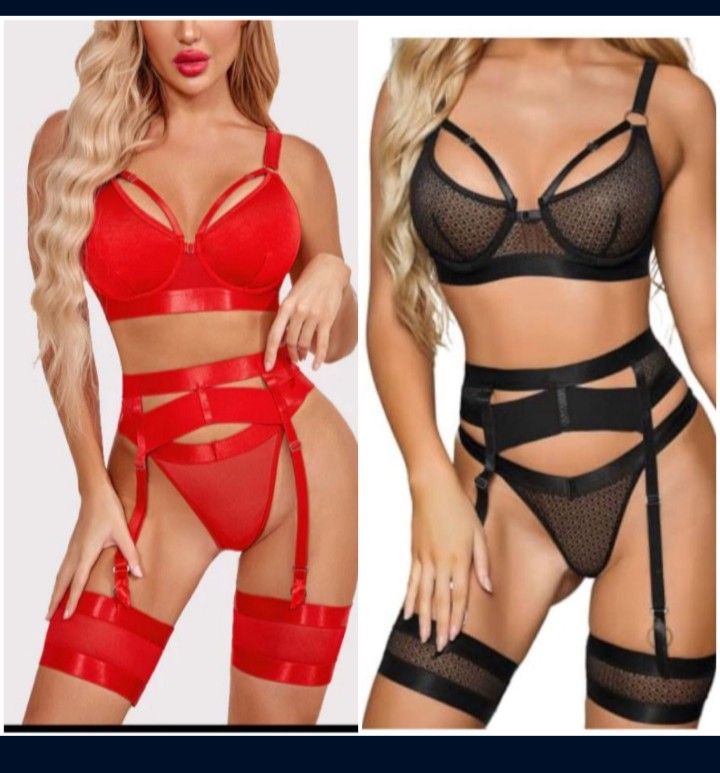 Garter Belt Thong Lingerie For Women, Strappy Hollow Out Sexy Lingerie, UnderwireMesh Sheer Matching4 Piece Lingerie SetBoudoir Black Fishnet
