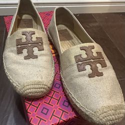 Tory Burch Weston Flat Espadrille Metallic Linen Fabric Calf Leather SZ 6.5 Tan