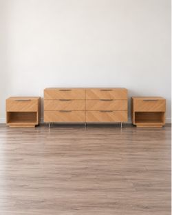 Article Nera Oak 6 drawer dresser and nightstands