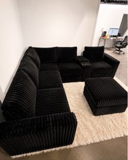 🛋️ Fluffy Black Corduroy Sectional Sofa with Ottoman L-Shape