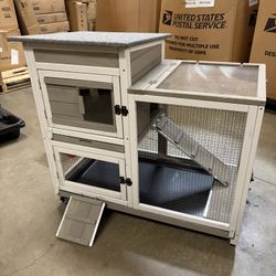 2 Story Rabbit Hutch Indoor with 2 Deeper Pull-Out Trays, Wooden Rabbit Cage with 4 Lockable Wheels, Ramp, Chew-Anti Metal Strip for Rabbit, Guinea Pi