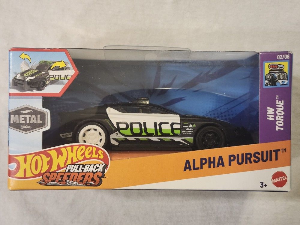 HOT WHEELS METAL DIECAST 1;43 SCALE. PULL BACK SPEEDERS. TORQUE. ALPHA PURSUIT POLICE CAR.