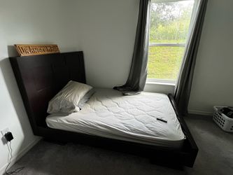 Dark Brown Wood Platform Bed Frame with night table