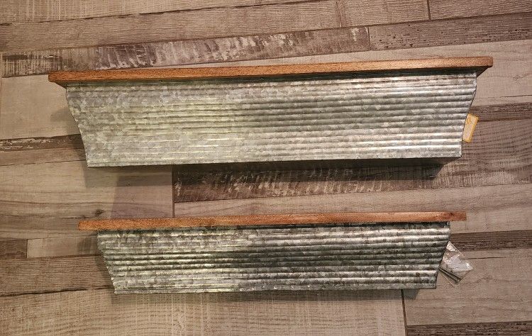 Set Of 2 Metal And Wood Wall Shelves