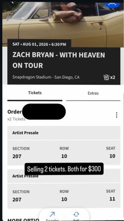 Zach Bryan tickets SD 08/01/26 $300 OBO