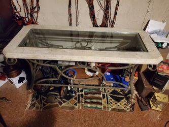 table Marble, glass and wrought iron