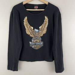 HARLEY DAVIDSON Vintage 2003 Black Golden Eagle Graphic Crewneck Long Sleeve Top