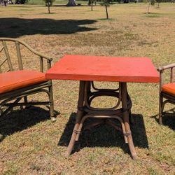3pc Vintage Bamboo Table & Chair Set Burnt Orange Please Read Boho Tiki Lunch Game Club Patio Chairs 