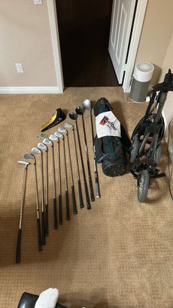 Left handed 12 club set with cart and bag! And more!