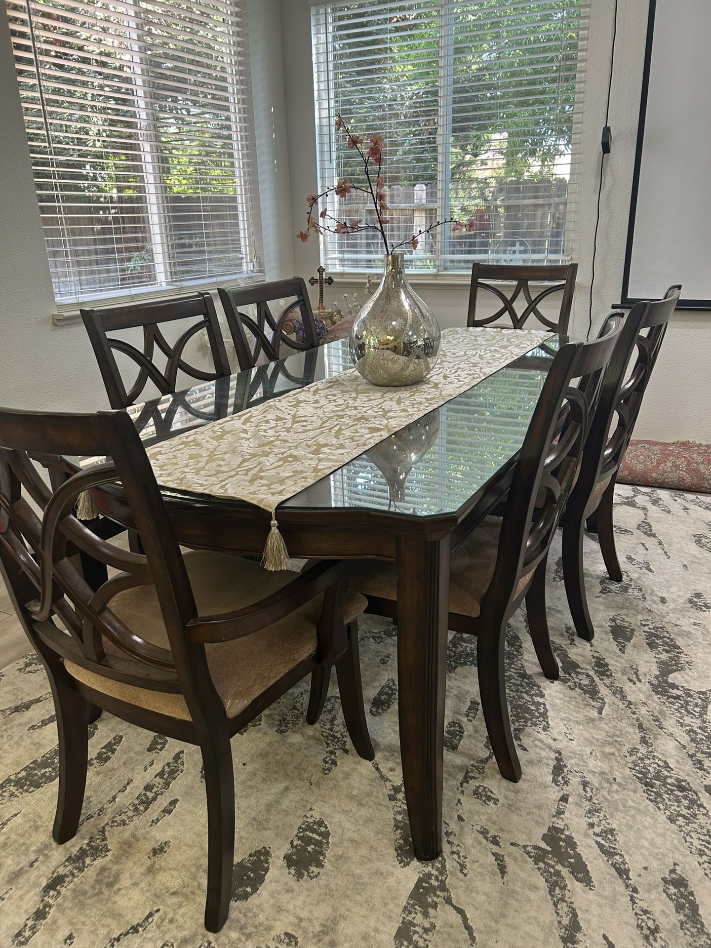 Beautiful Cherry Wood Table With Glass Top And Six Chairs With Mocha Seats