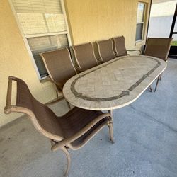Outdoor Stone Table + Metal Mesh Chairs