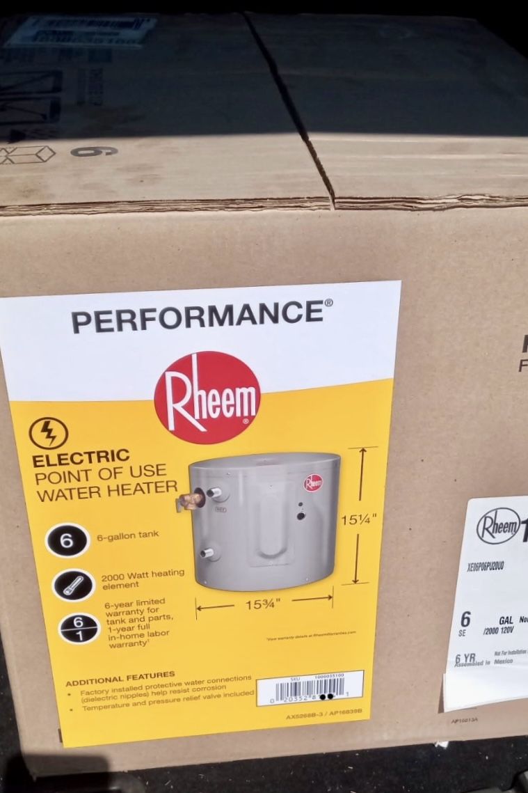 Brand New Never Opened Box Rheem 6 Gallon Electric Water Heater