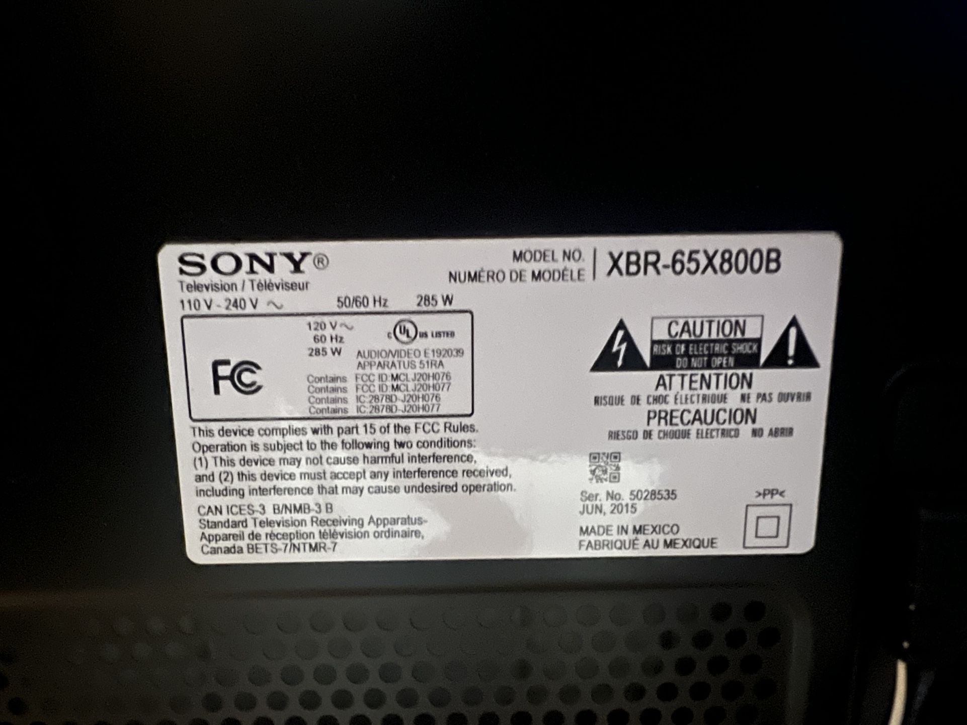 SONY TV XBR-65X800B Smart TV 65”