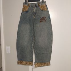 Wide Leg Acid Wash Jeans with Leopard Print Detail