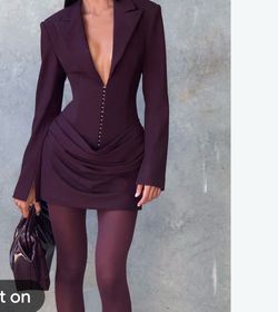 Dress in Plum features a tailored blazer design with a pleated cowl skirt, adjustable waist strap, and elegant hook-and-eye closure for a refined, fit