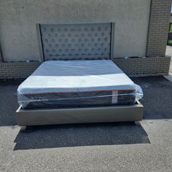Silver King Size Sofia Vergara Upholstery Bed Frame With Brand New King Size Plush Tempur-pedic Luxe Adapt Firm And Box Spring In Plastic 