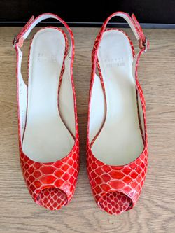 Stuart Wietzman Cherry Red  Croco Open Toe  Slingback Platform High Heels Stilettos 🍒