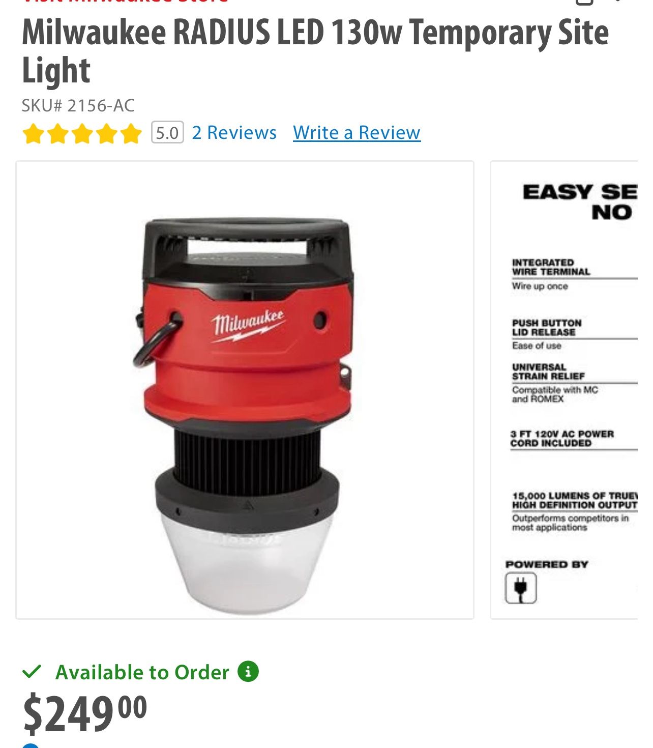Milwaukee Radius 130W Temp Light