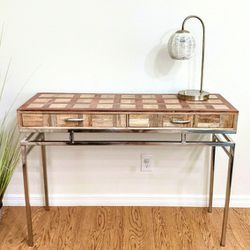 Rustic Distressed Farmhouse Wooden Top with Silver Metal Entryway Entry Way TV Media Entertainment Console Table 2 Drawers