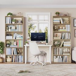 2pcs  6 Tier Tall Bookshelf Bookcase with Open Display Shelves, Light Oak Industrial Tall Bookcases with Storage, Freestanding Book Shelf for Home Off