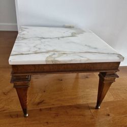 Vintage Sculptural Weiman Marble Top Wood end/side Table  Vintage high end Weiman marble top end or side table. Feature wonderful MCM carved wood base