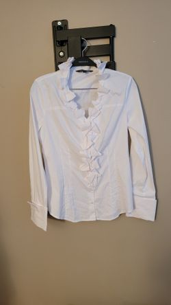 Express Crisp White Ruffle Front Blouse