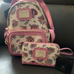 New Loungefly Disney Princess Floral Tattoo Mini Backpack And Wallet Bundle 