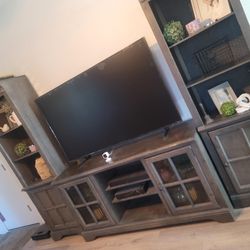 Farmhouse Rustic Grey Entertainment Center Tv Stand & Entry Table Cabinet