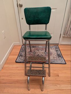 Vintage Green Vinyl and Chrome Metal Cosco Step Stool Chair