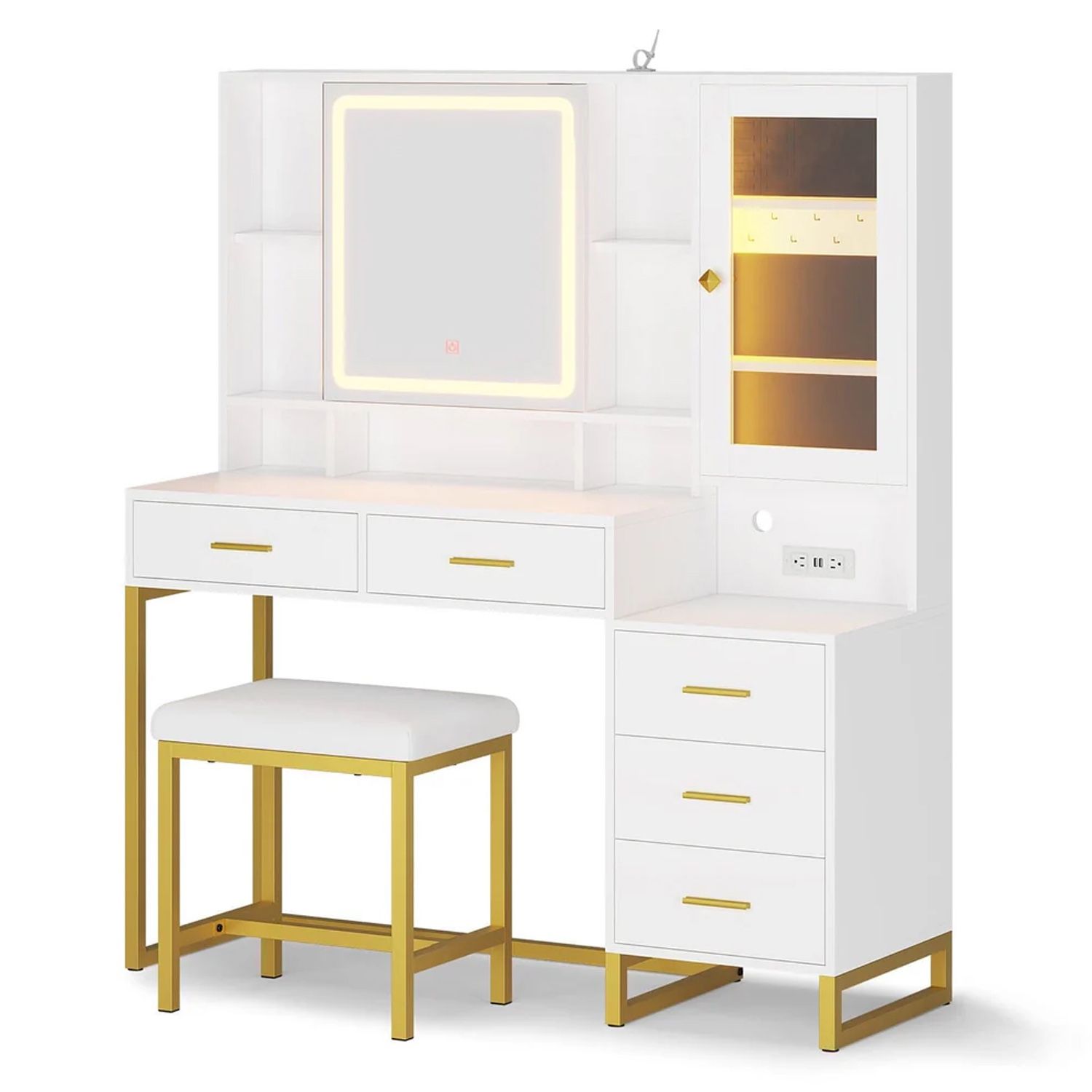 LED Makeup Vanity Set with Upholstered Stool White