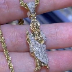 10k .36CT San Judas Pendant W/Rope Chain